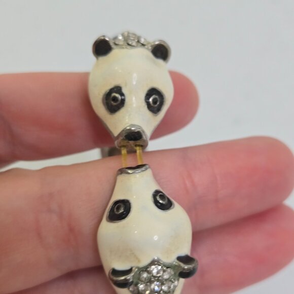 Vintage 80s Panda Bracelet Enamel Rhinestone Stretch Bangle Figural Silver Tone - Picture 3 of 10